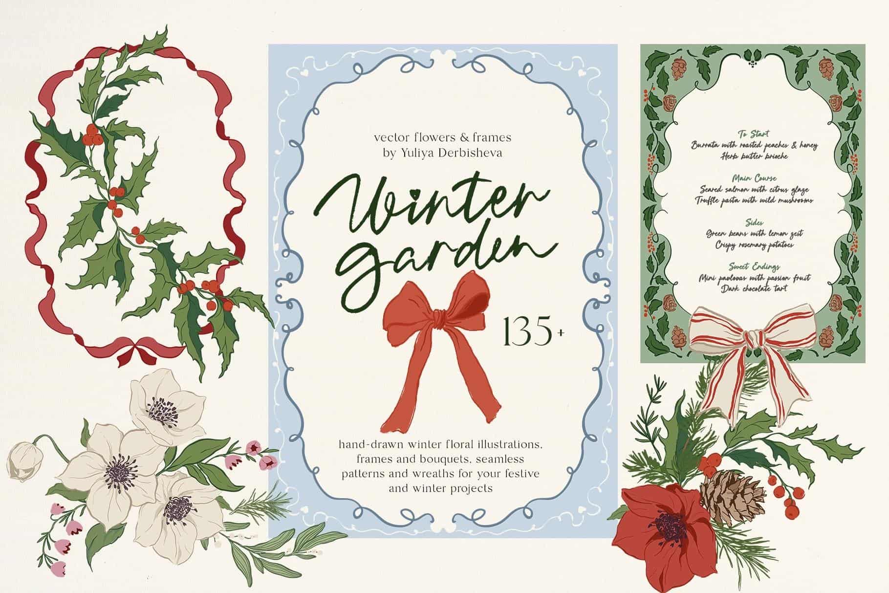 Winter garden floral vector design with holly, poinsettia, and snowdrop flowers.