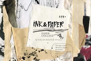 Artistic collage of ink and paper textures with text overlay.