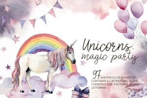 Whimsical watercolor unicorn with rainbow and balloons for magic party theme.