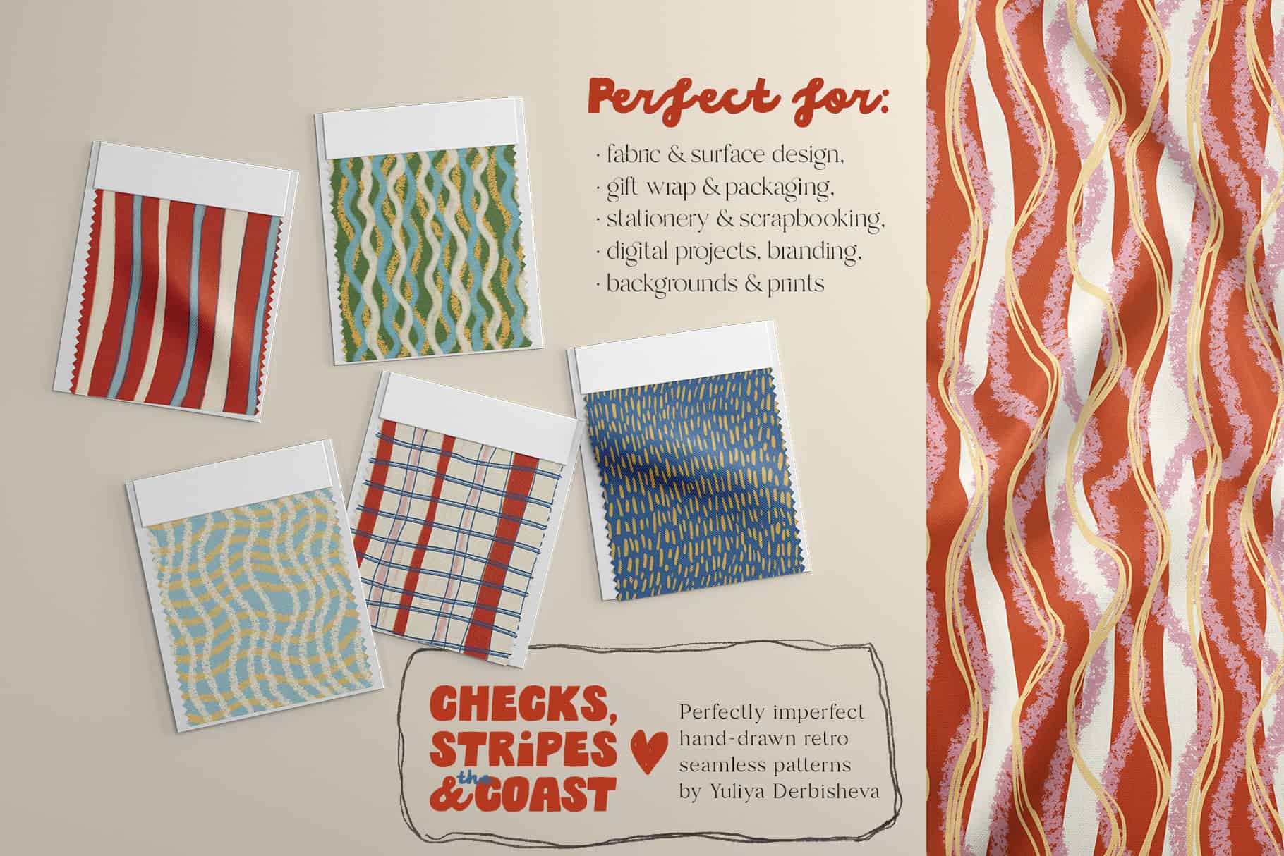 Checks, Stripes & the Coast — Hand-Drawn Coastal Seamless Patterns - Image 3