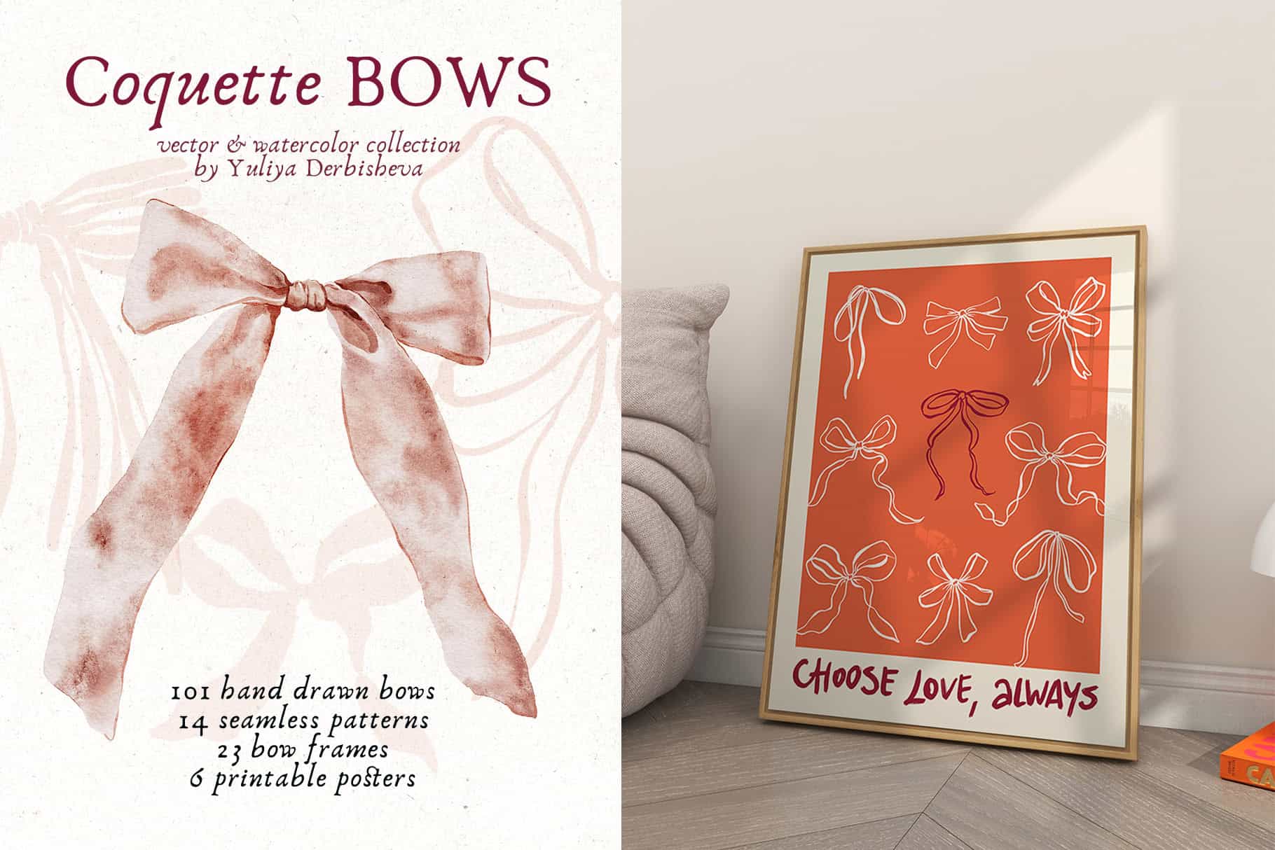 Coquette Bows vector & watercolor illustrations, ribbon frames - Image 2