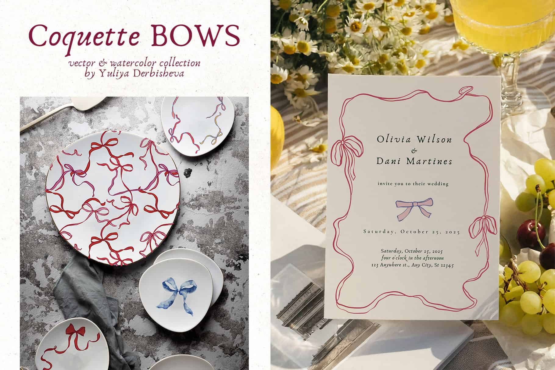 Coquette Bows vector & watercolor illustrations, ribbon frames - Image 3