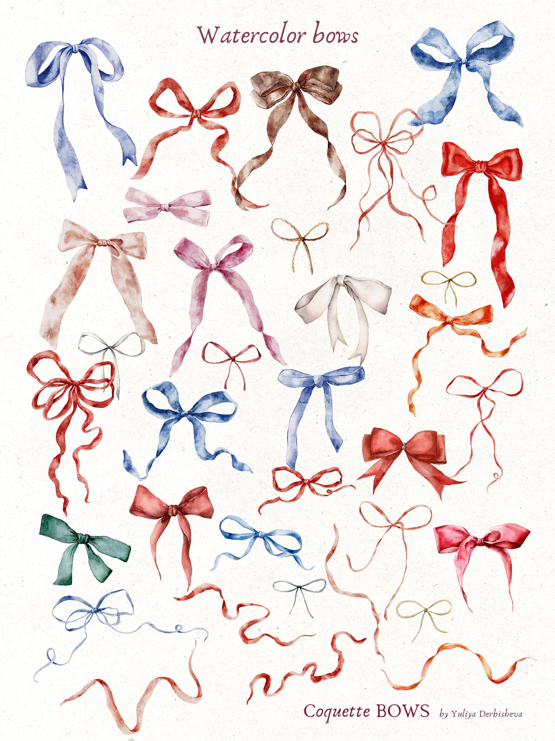 Coquette Bows vector & watercolor illustrations, ribbon frames - Image 4
