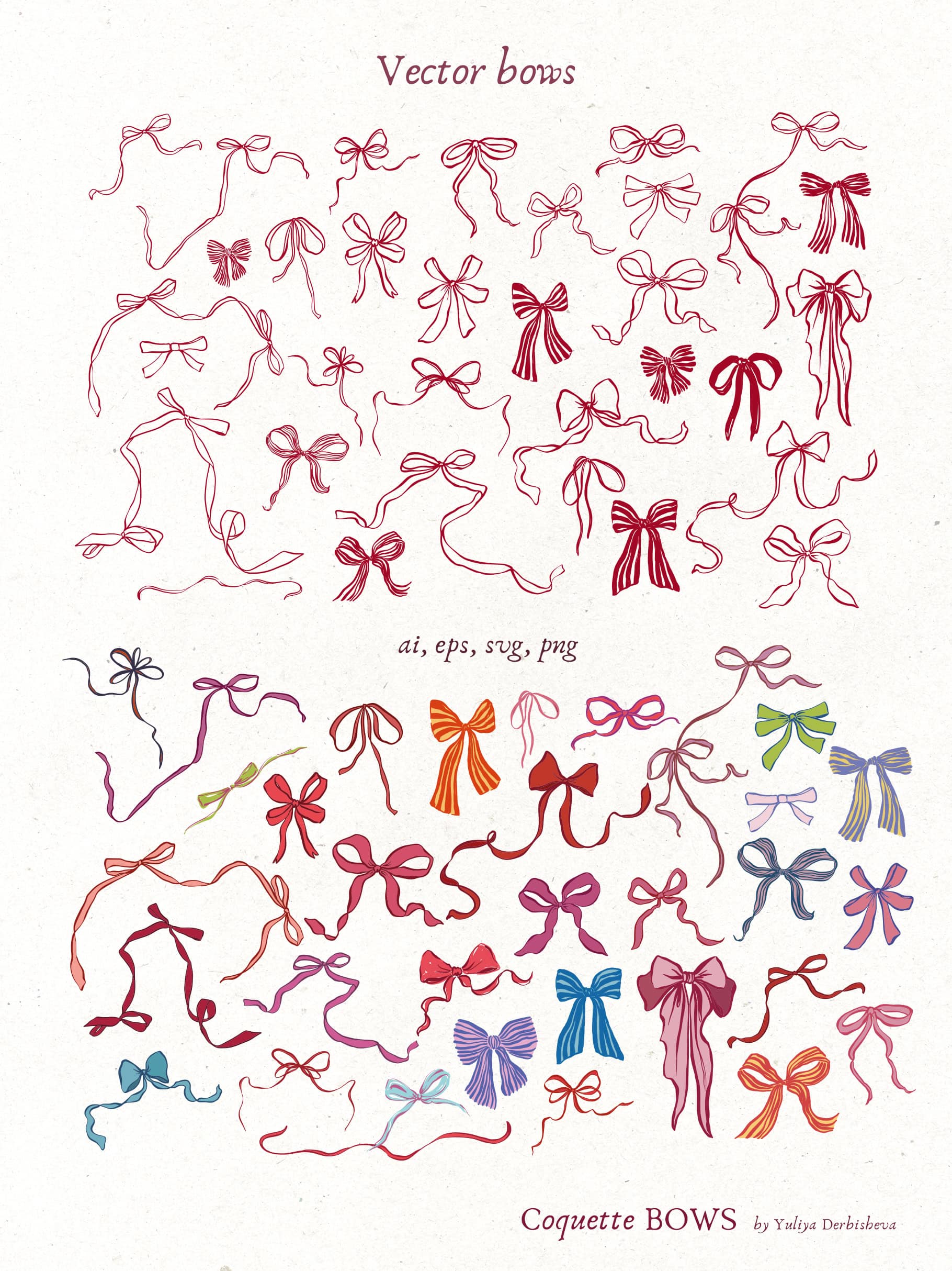 Coquette Bows vector & watercolor illustrations, ribbon frames - Image 5