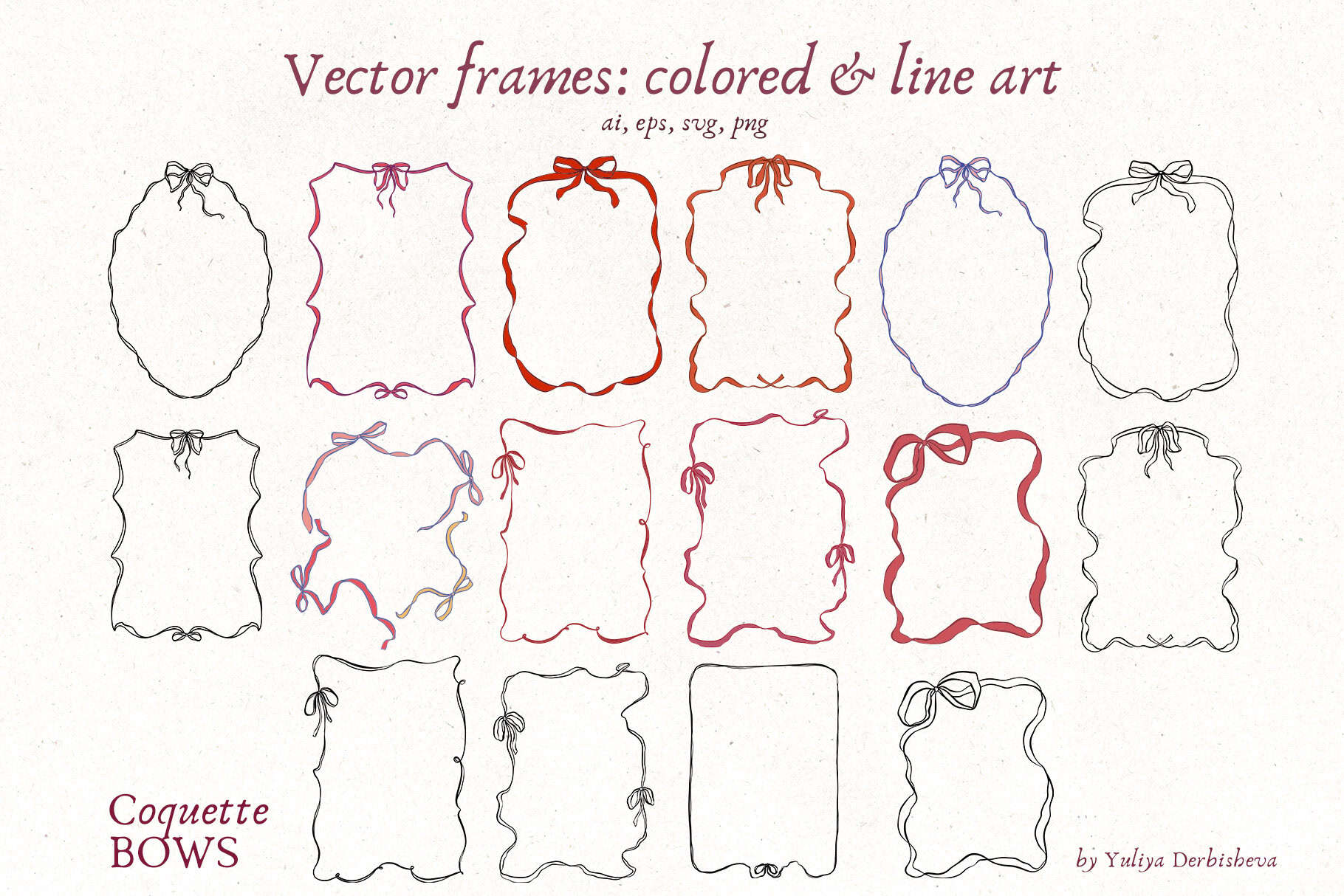 Coquette Bows vector & watercolor illustrations, ribbon frames - Image 6