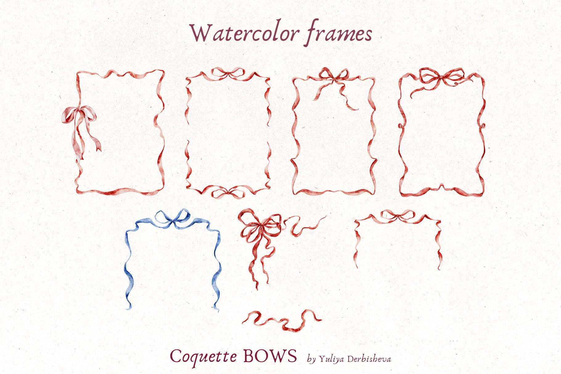 Coquette Bows vector & watercolor illustrations, ribbon frames - Image 7
