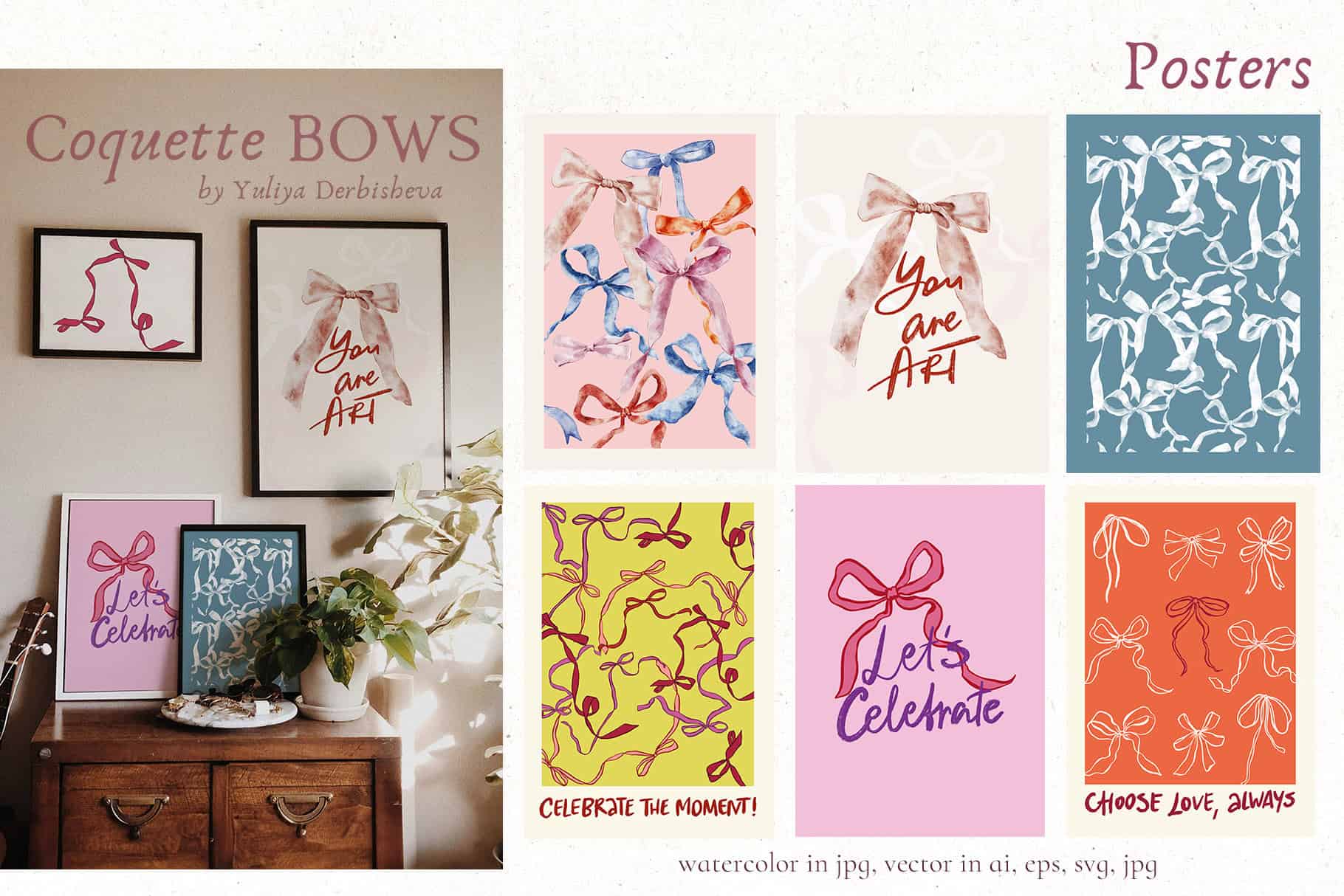 Coquette Bows vector & watercolor illustrations, ribbon frames - Image 8