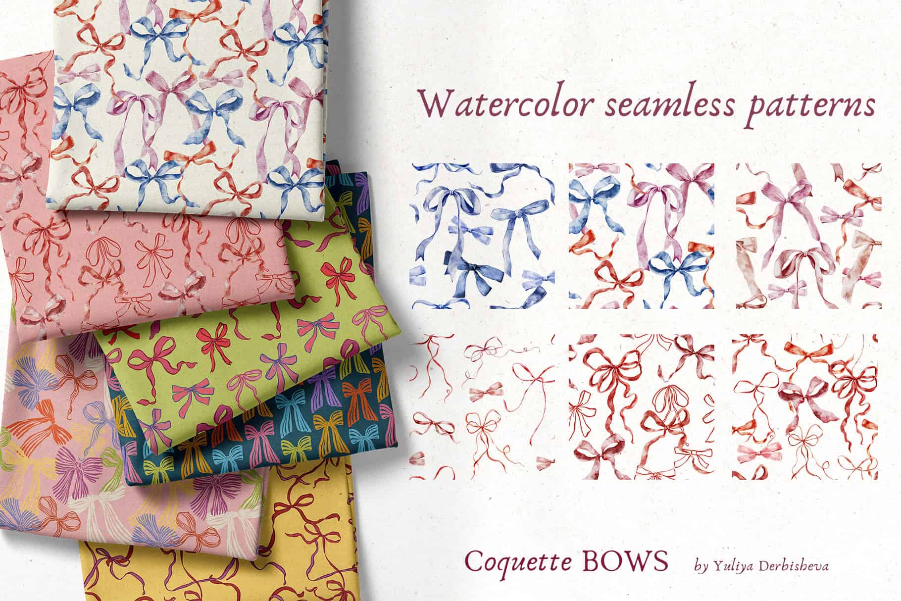 Coquette Bows vector & watercolor illustrations, ribbon frames - Image 10