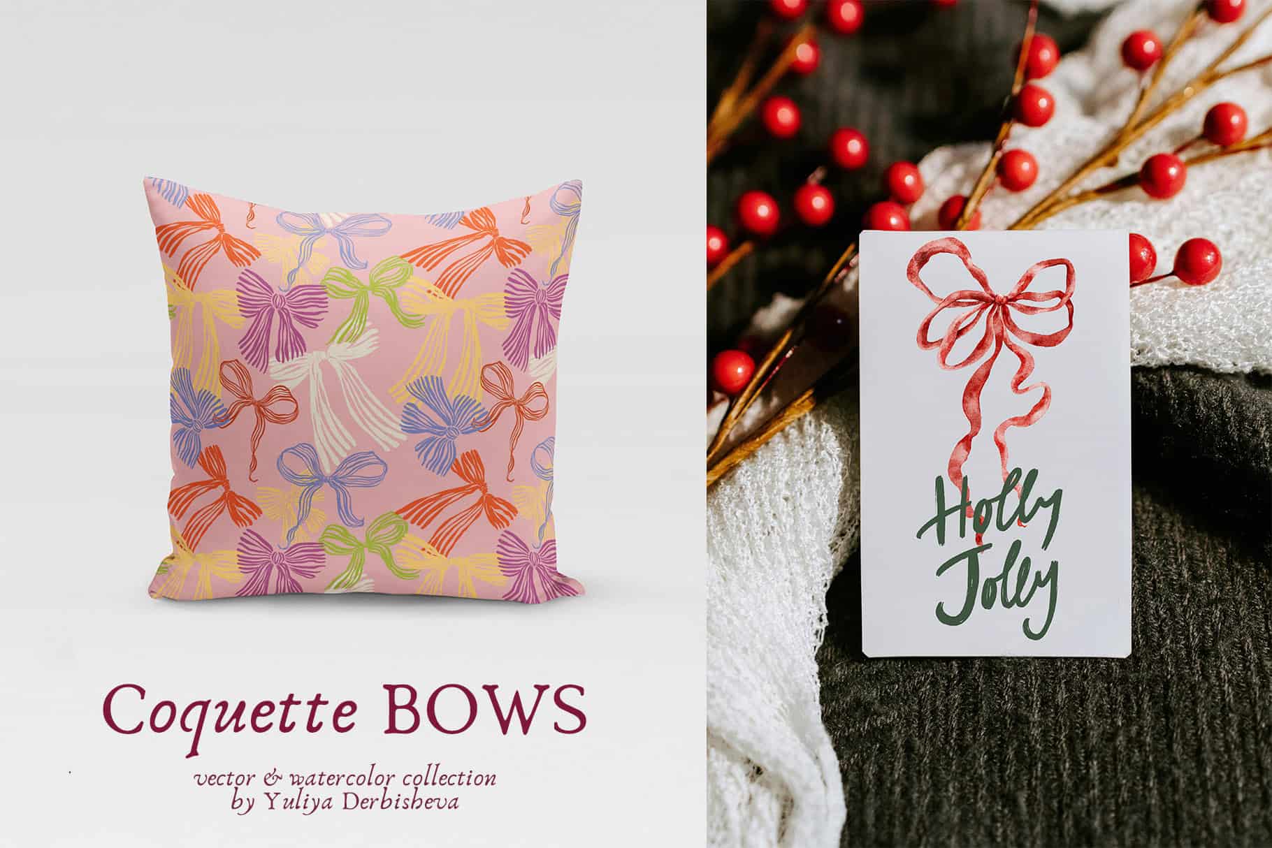 Coquette Bows vector & watercolor illustrations, ribbon frames - Image 12