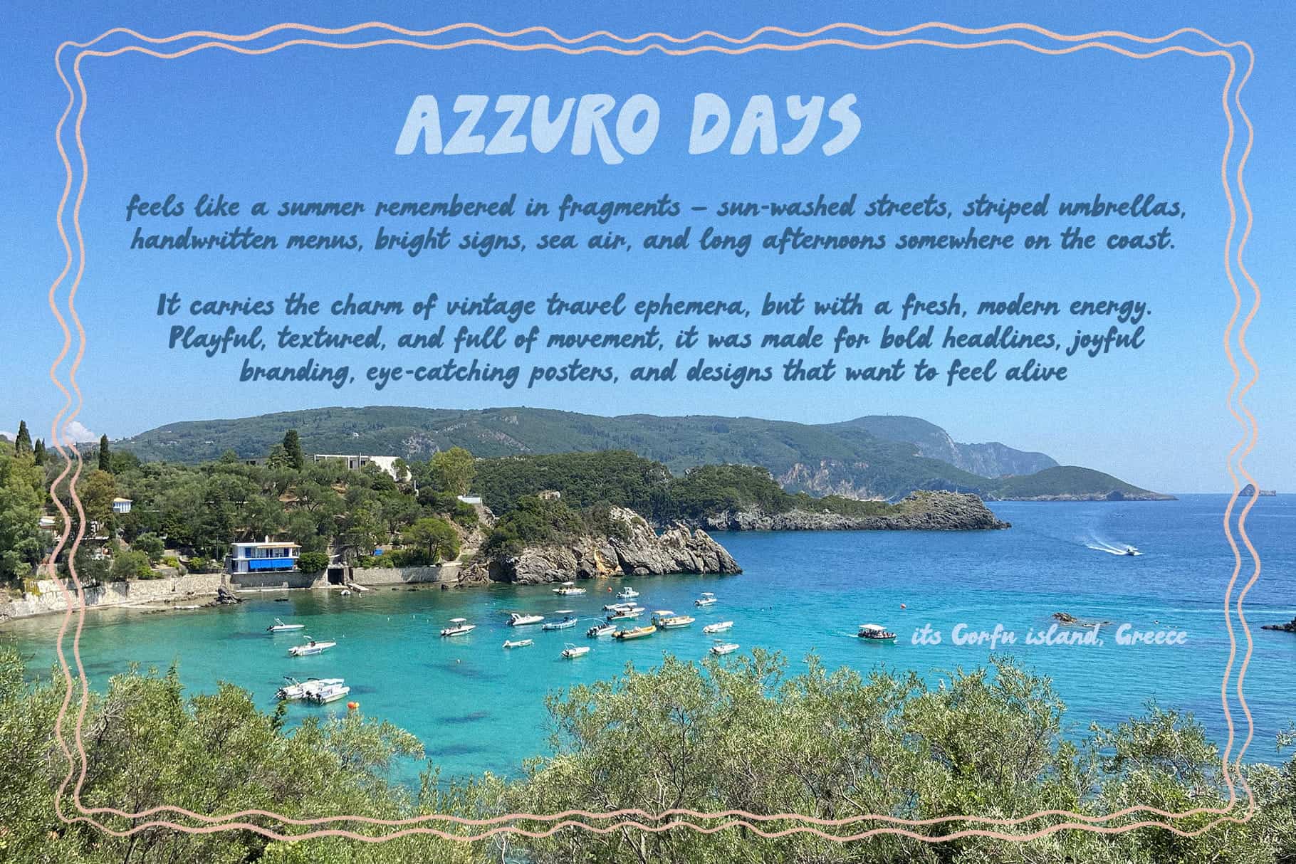 Beautiful Greek coast with turquoise waters, boats, and lush greenery during summer.