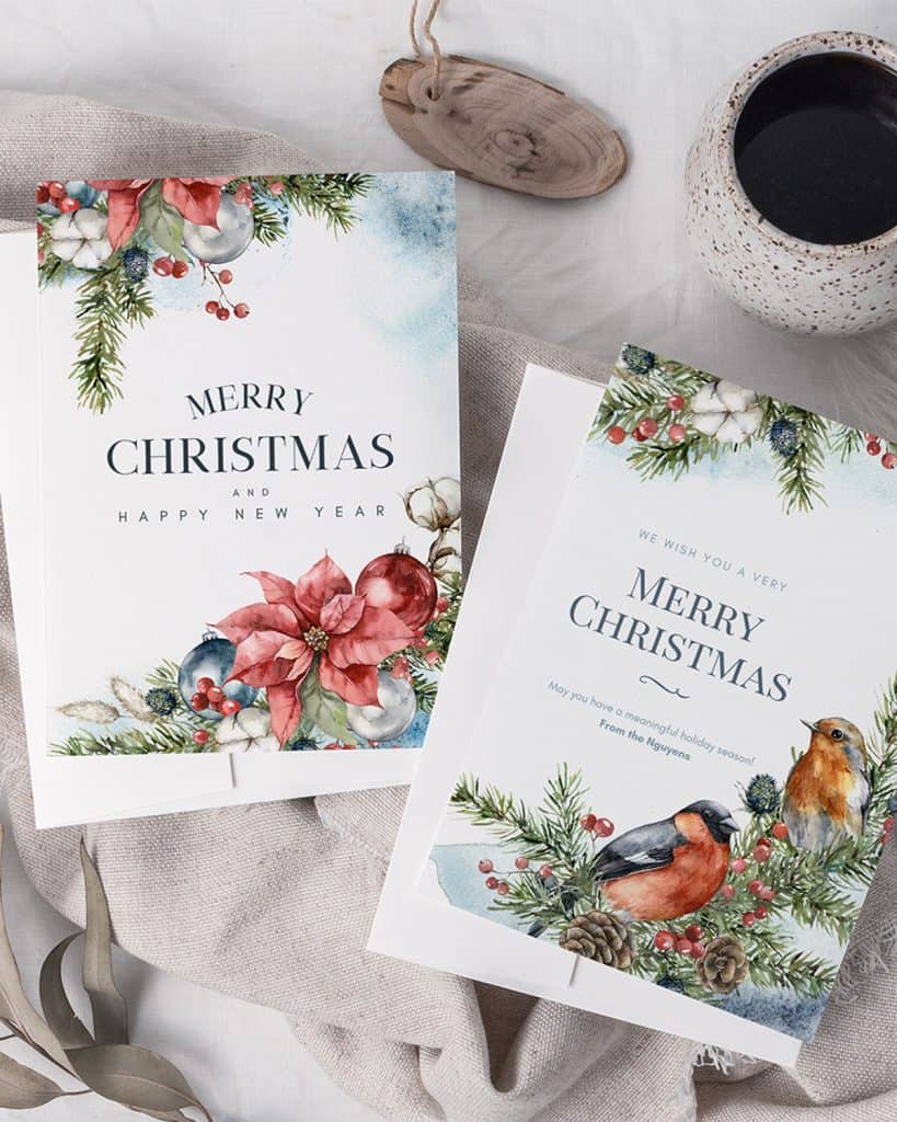 Christmas spirit watercolor festive card with fir branch ornaments poinsettia and winter birds