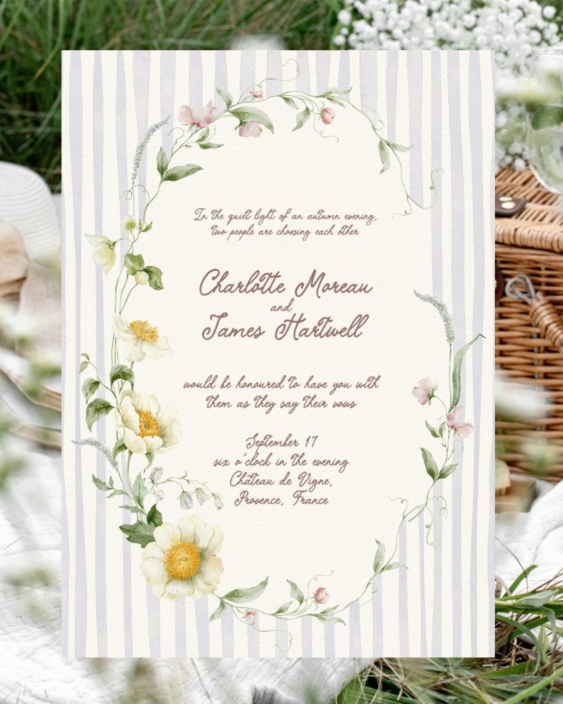 Garden Soiree floral whimsical wedding invitation with flowers and striped background