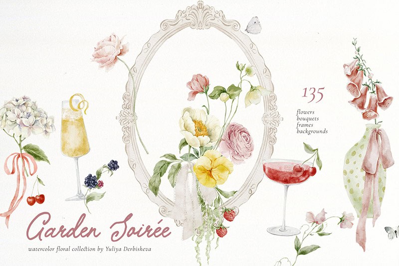 Garden Soiree watercolor wild flowers frames berries illustrations floral whimsical clipart
