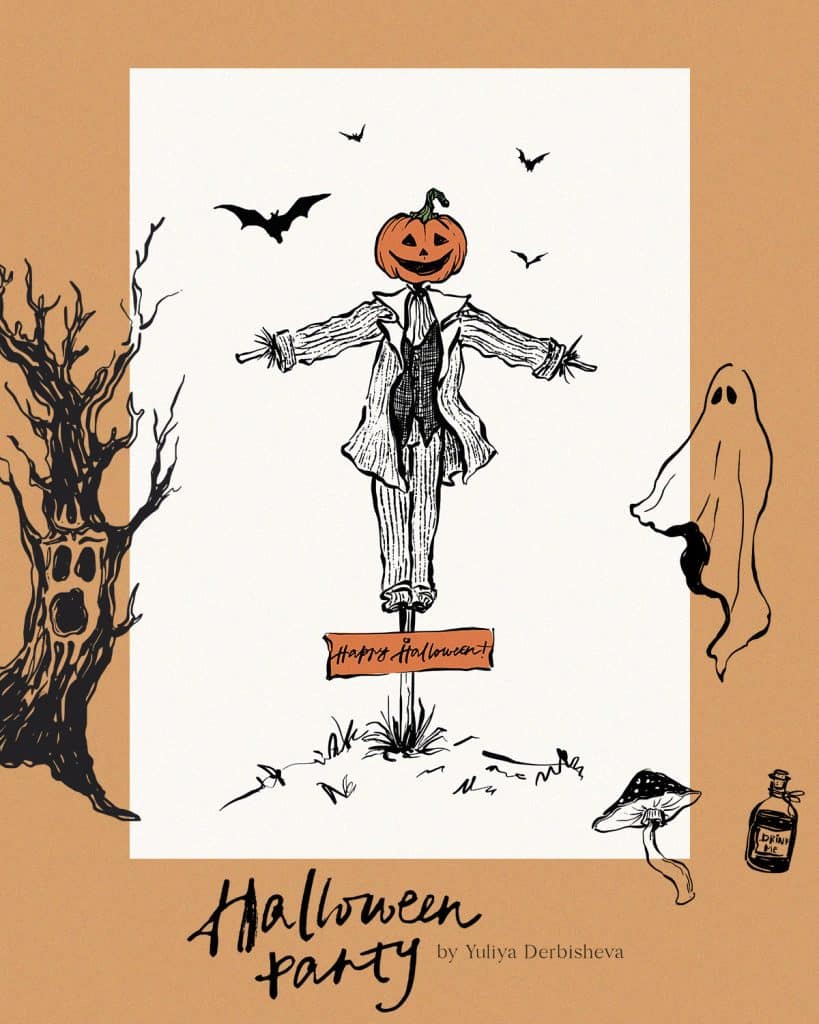 Halloweern printable poster design with spooky pumpkins ghosts