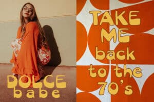 Juniper Lane Retro Bubble Font handwritten 02 Woman in an orange dress against a wall, next to a graphic mural reading 'Take me back to the 70's