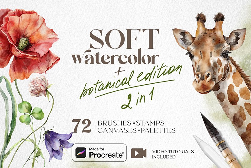 Soft watercolor Procreate brushes realistic canvases palette by Yuliya Derbisheva