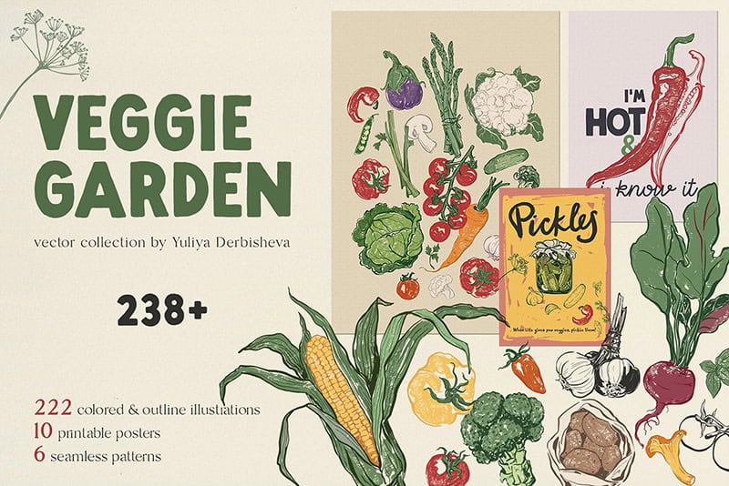 Veggie Garden Hand-Drawn Vegetables Vector Illustrations Clipart Farmer Market Patterns Posters