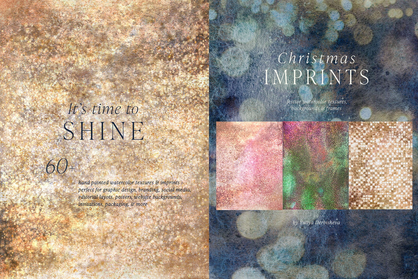 Christmas Imprints Cover slide "It's time to shine" with hand-painted sparkle watercolor Christmas textures
