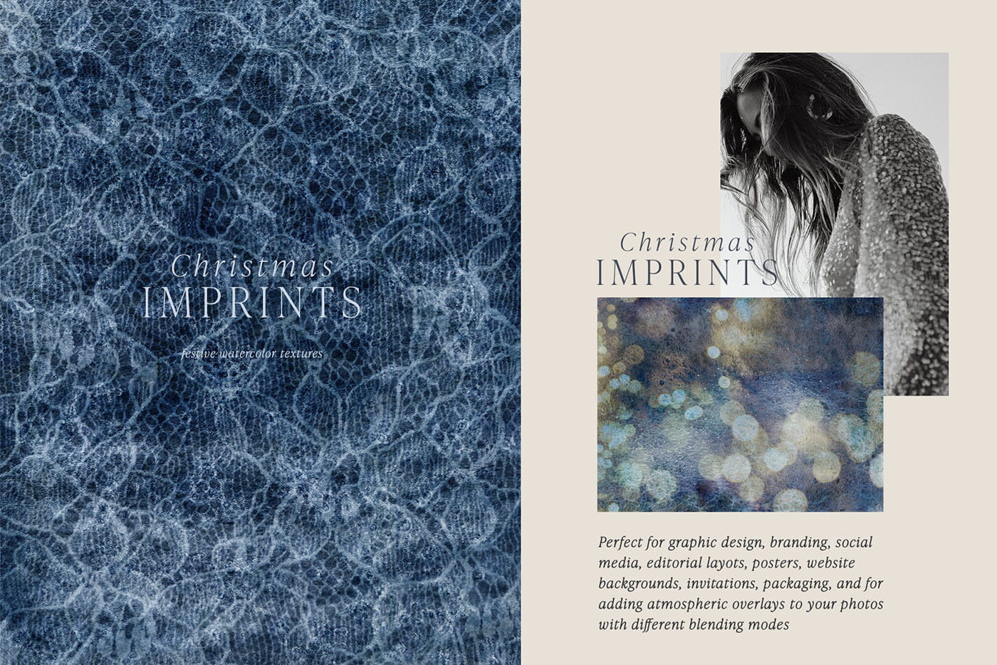 Blue watercolor lace texture spread with a portrait in a sequin jacket and a gold bokeh texture sample
