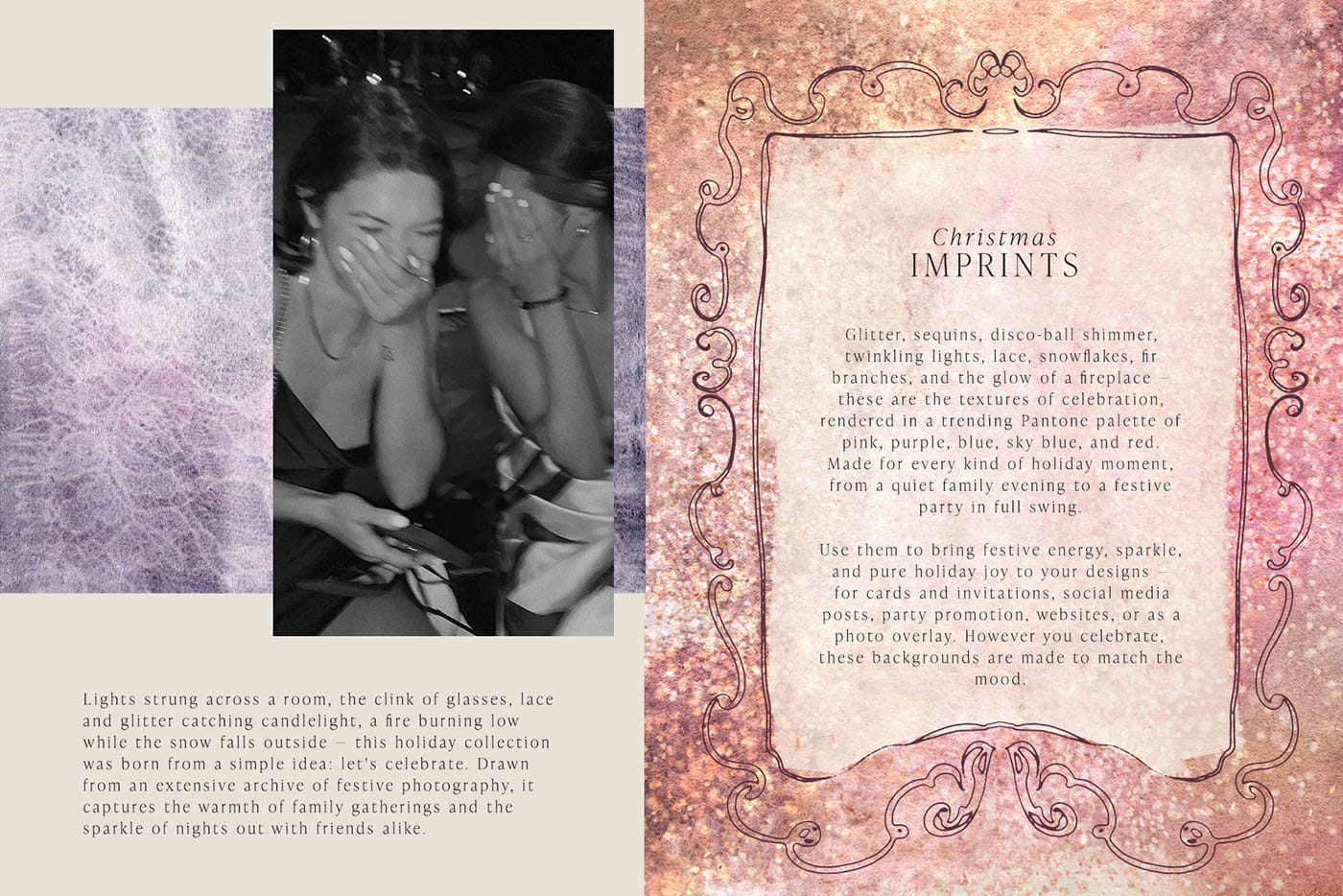 Pink glitter watercolor background with a Victorian ornamental frame and collection description text