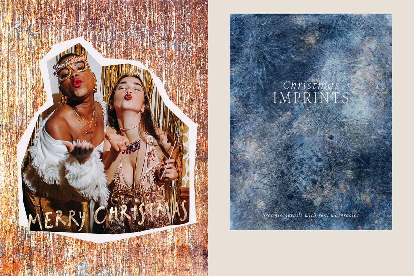 Gold tinsel photo background with two women celebrating and a "Merry Christmas" text overlay