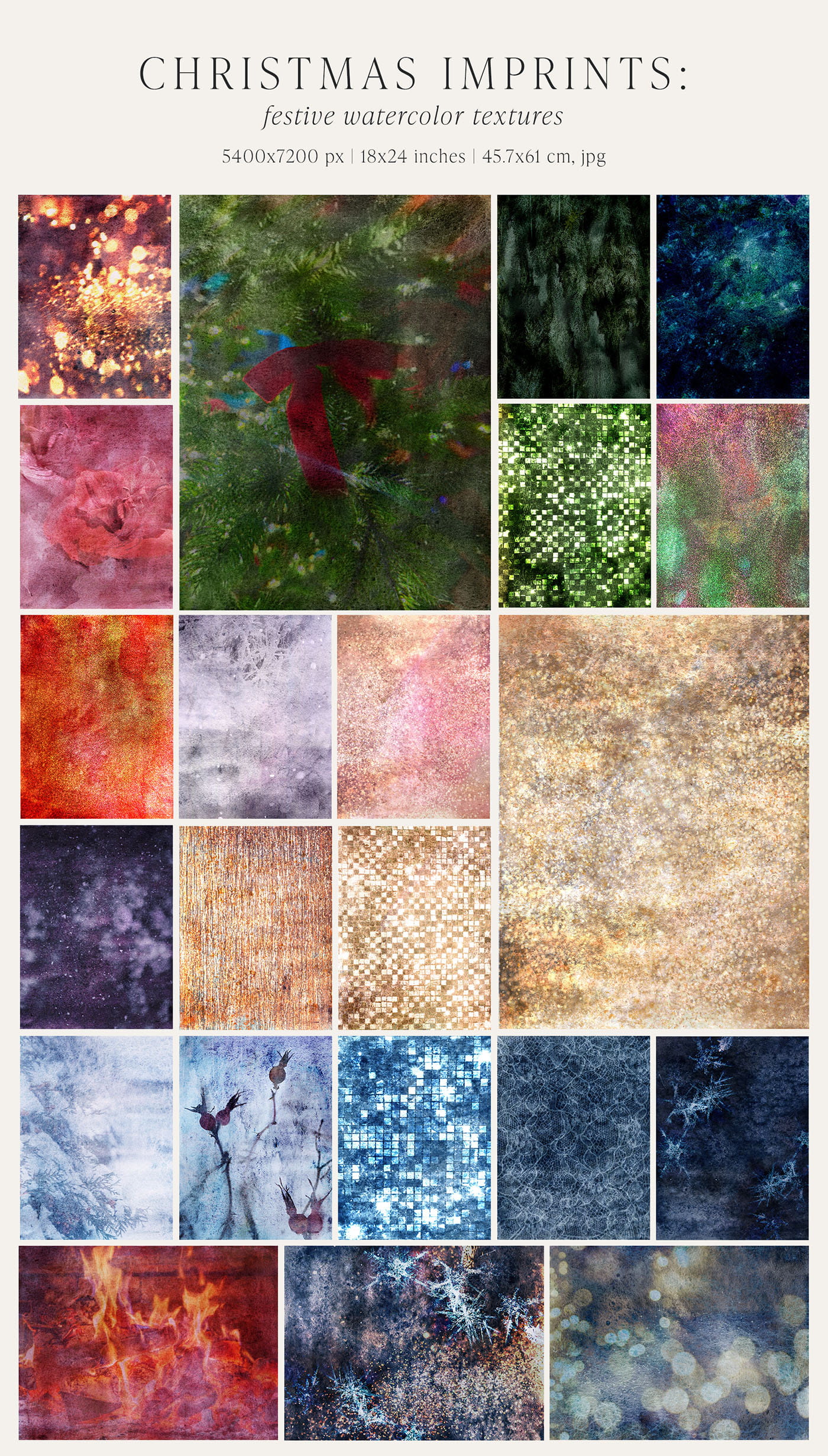 Grid of 20 festive watercolor Christmas textures showing glitter, bokeh, lace, and fireplace samples