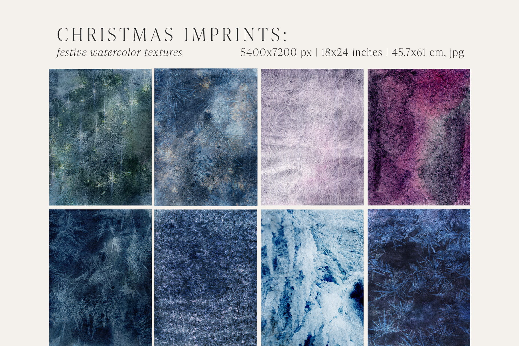 Grid of 8 organic watercolor Christmas textures in muted frost, lace, and pine tones