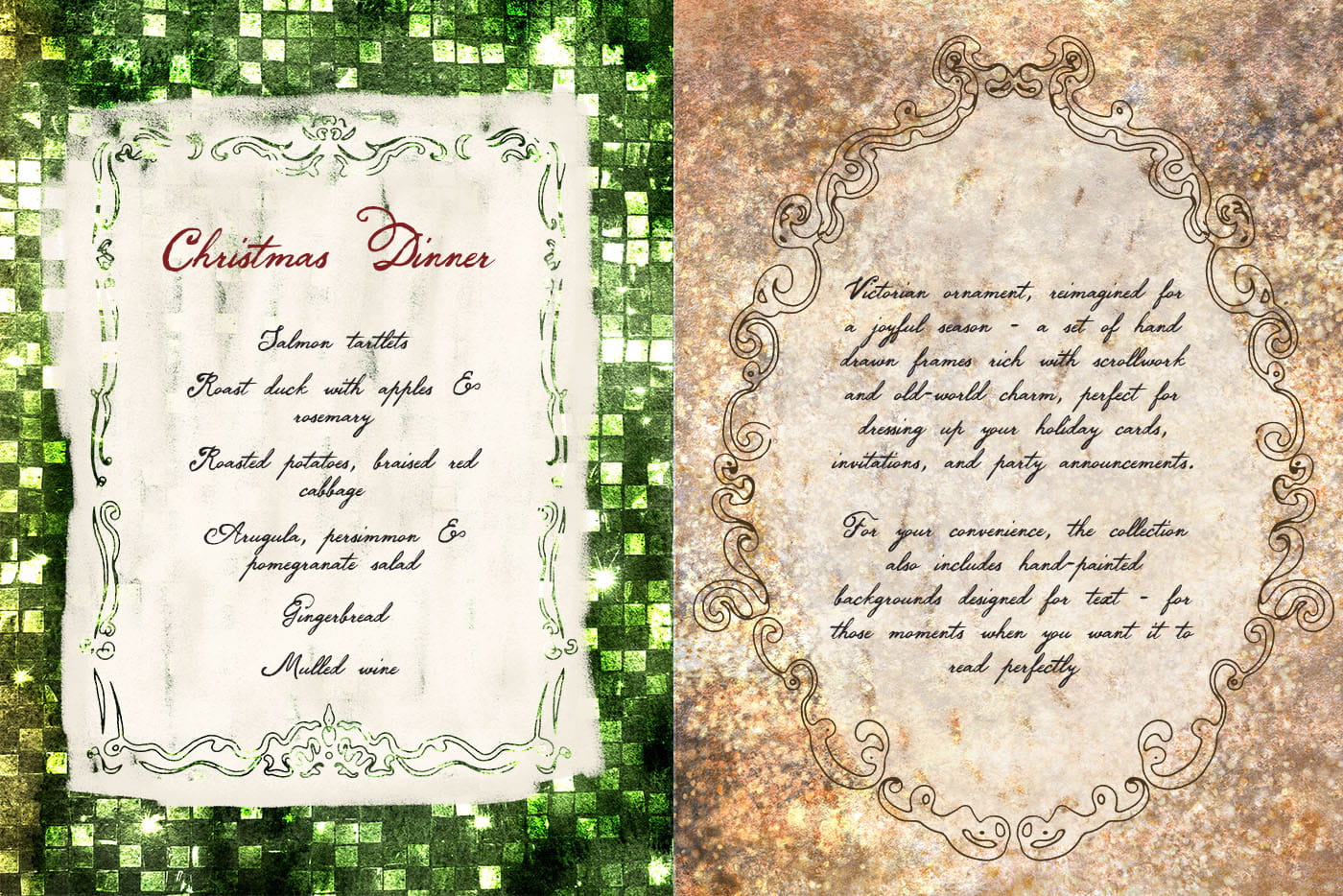 Christmas dinner menu on a green glitter watercolor background inside a Victorian ornamental frame