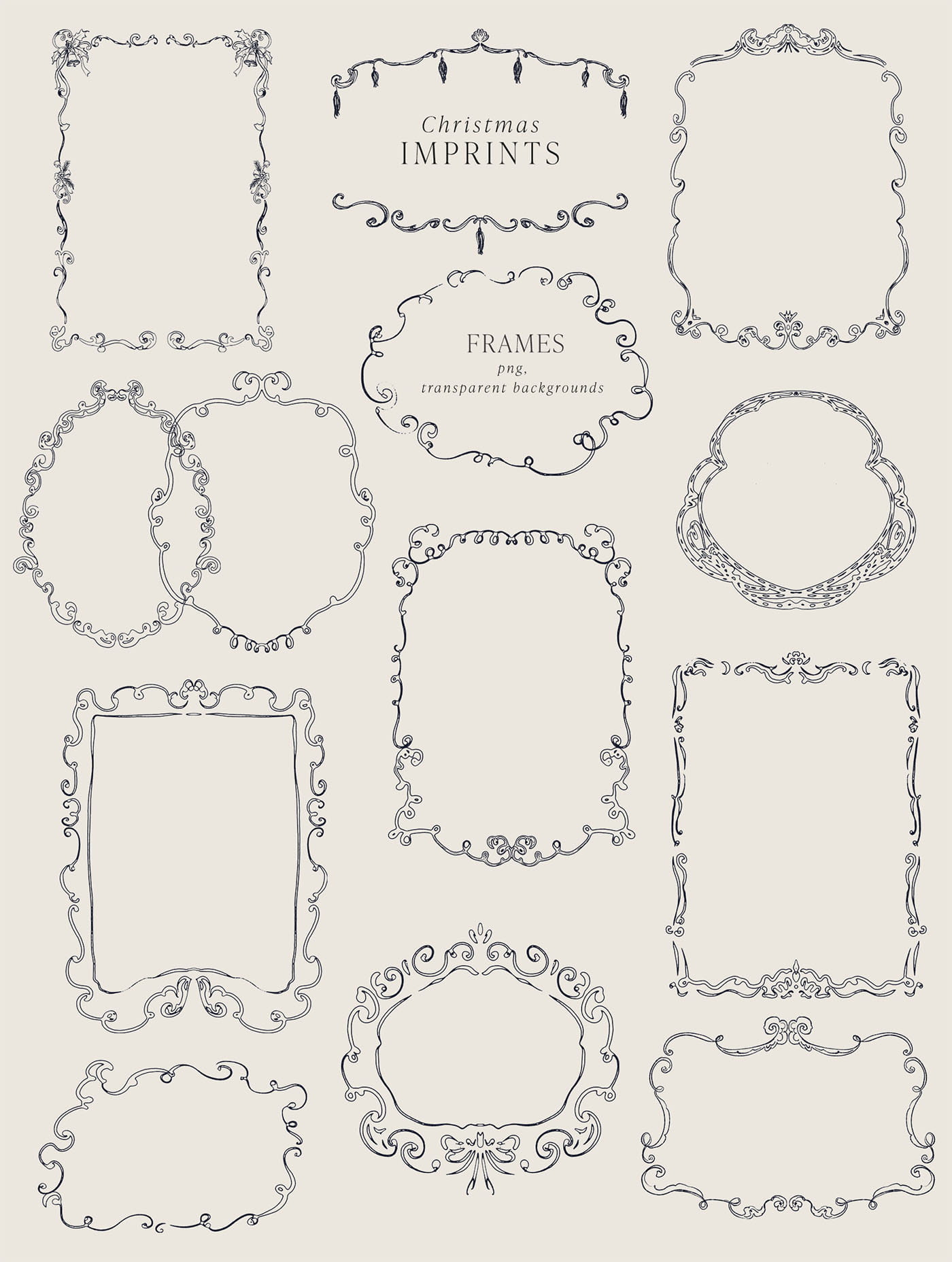 Set of 13 hand-drawn Victorian-style ornamental curly frames on a transparent background