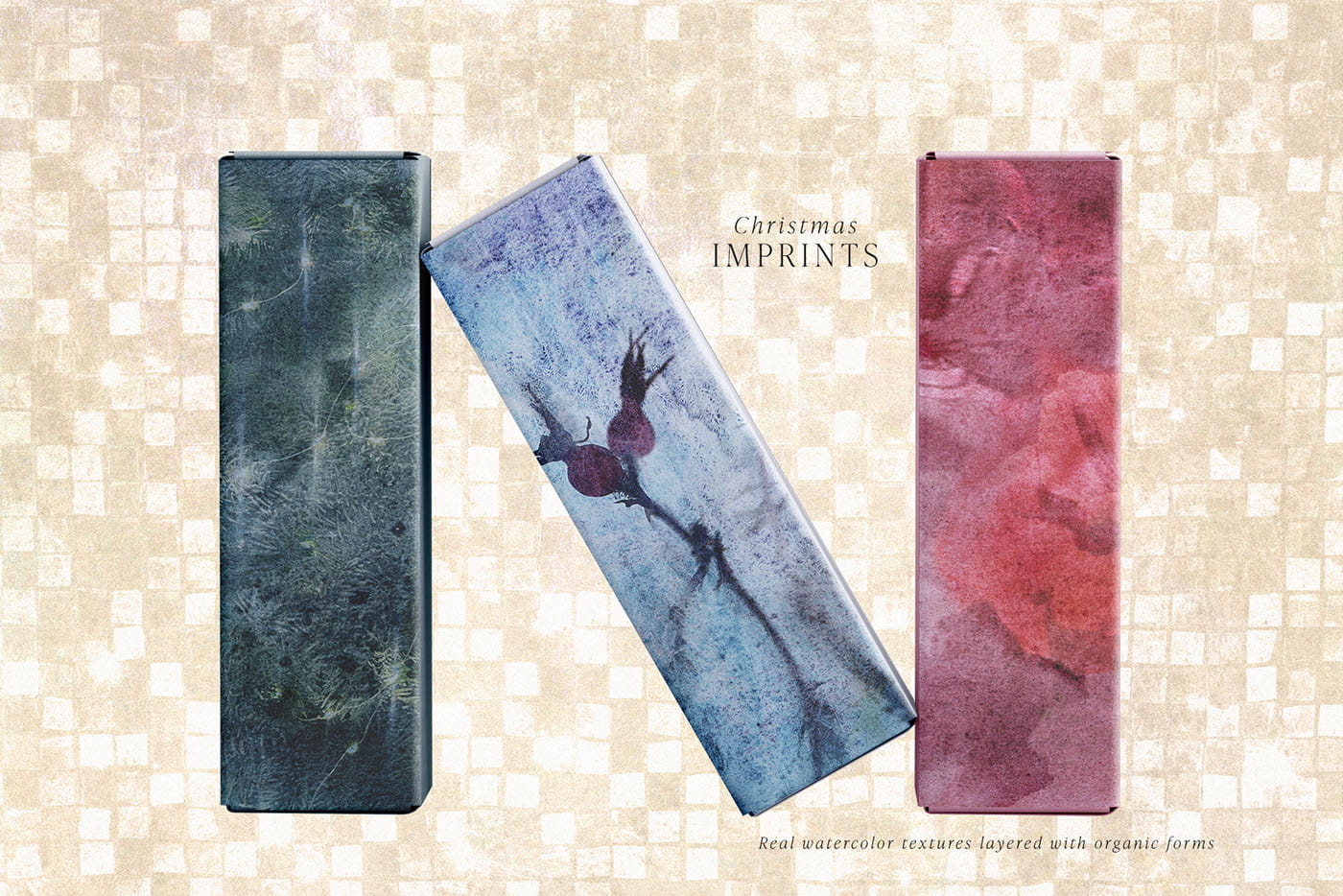 Gift box packaging mockups wrapped in watercolor Christmas textures