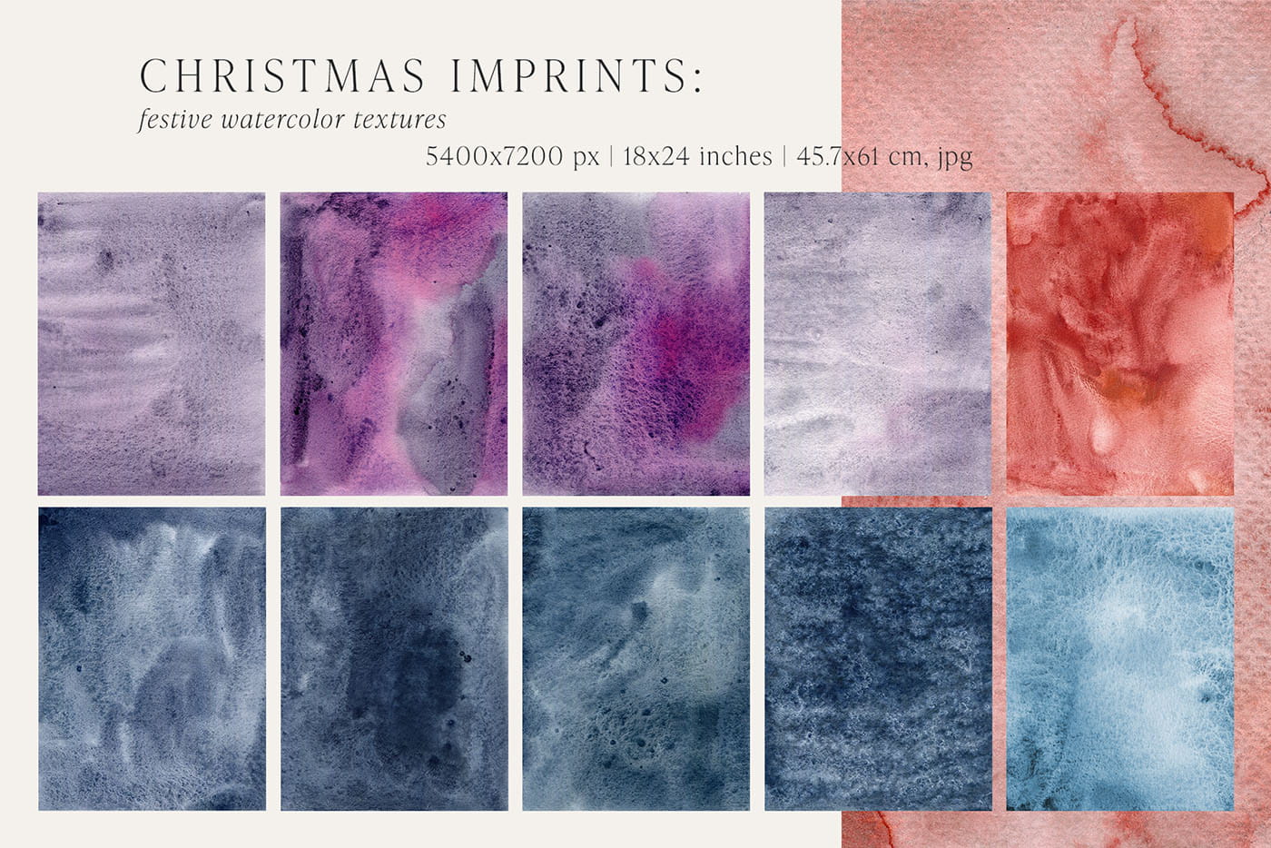 Grid of 10 muted purple, pink, and blue watercolor Christmas textures