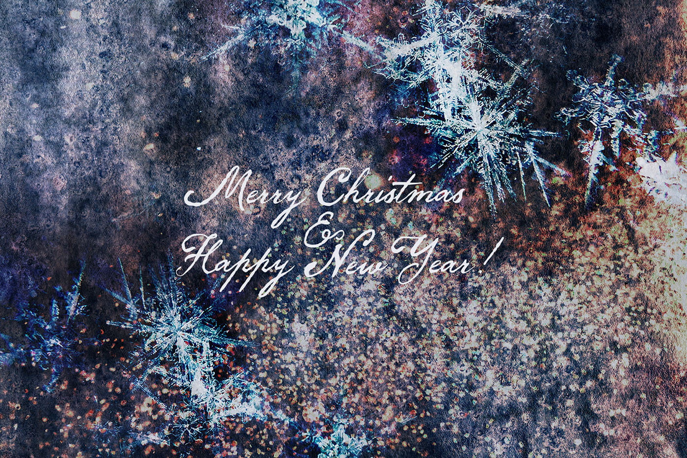 Merry Christmas and Happy New Year greeting card on a dark blue watercolor snowflake texture