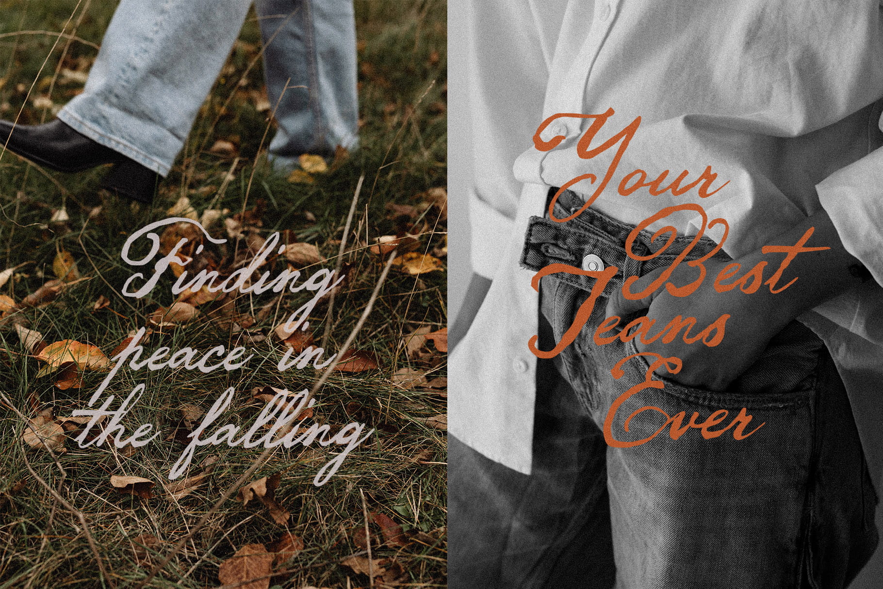 Darling Moment font used for lettering on jeans and autumn leaves photos