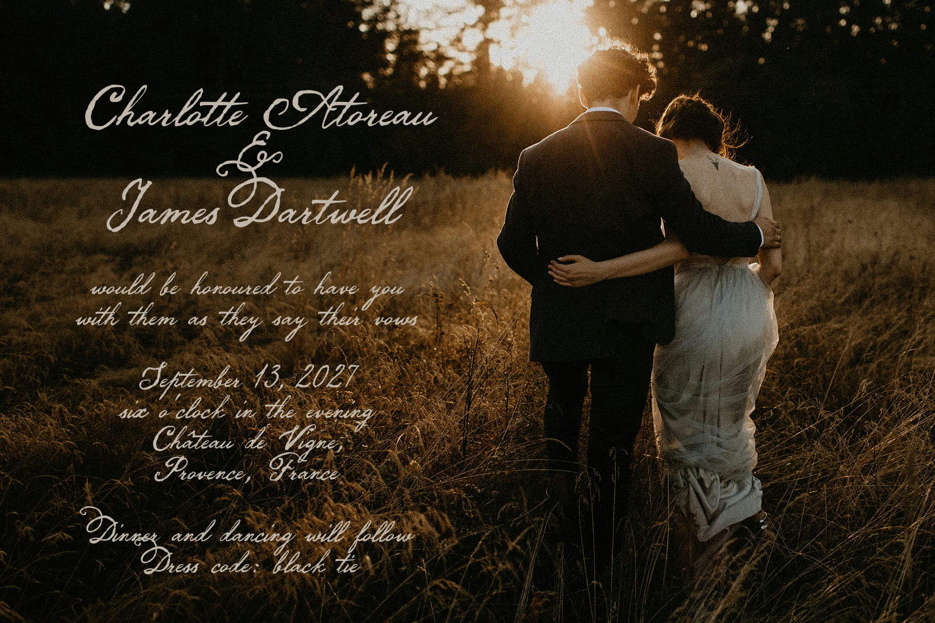 Darling Moment elegant script font on a wedding invitation with couple photo at sunset