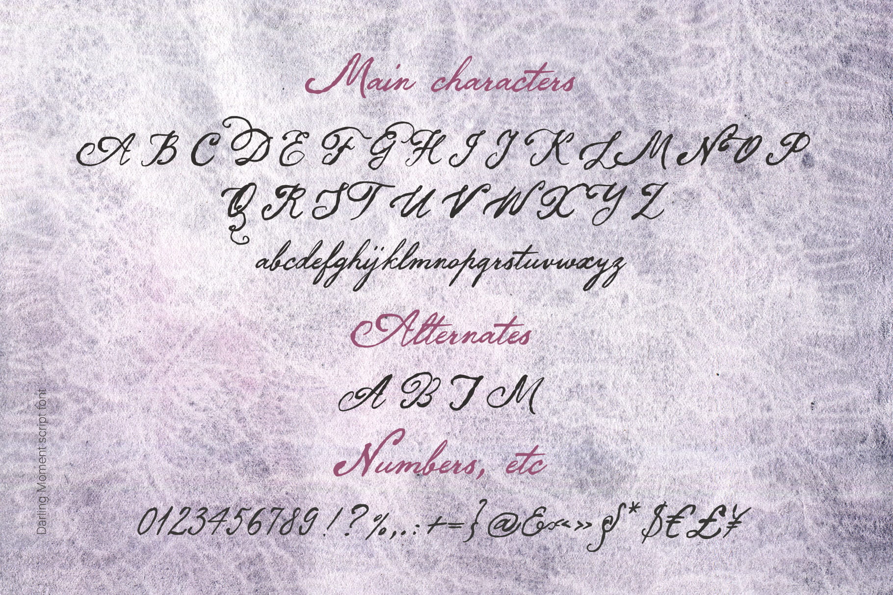 Darling Moment font full character set showing uppercase, lowercase, alternates, and numbers