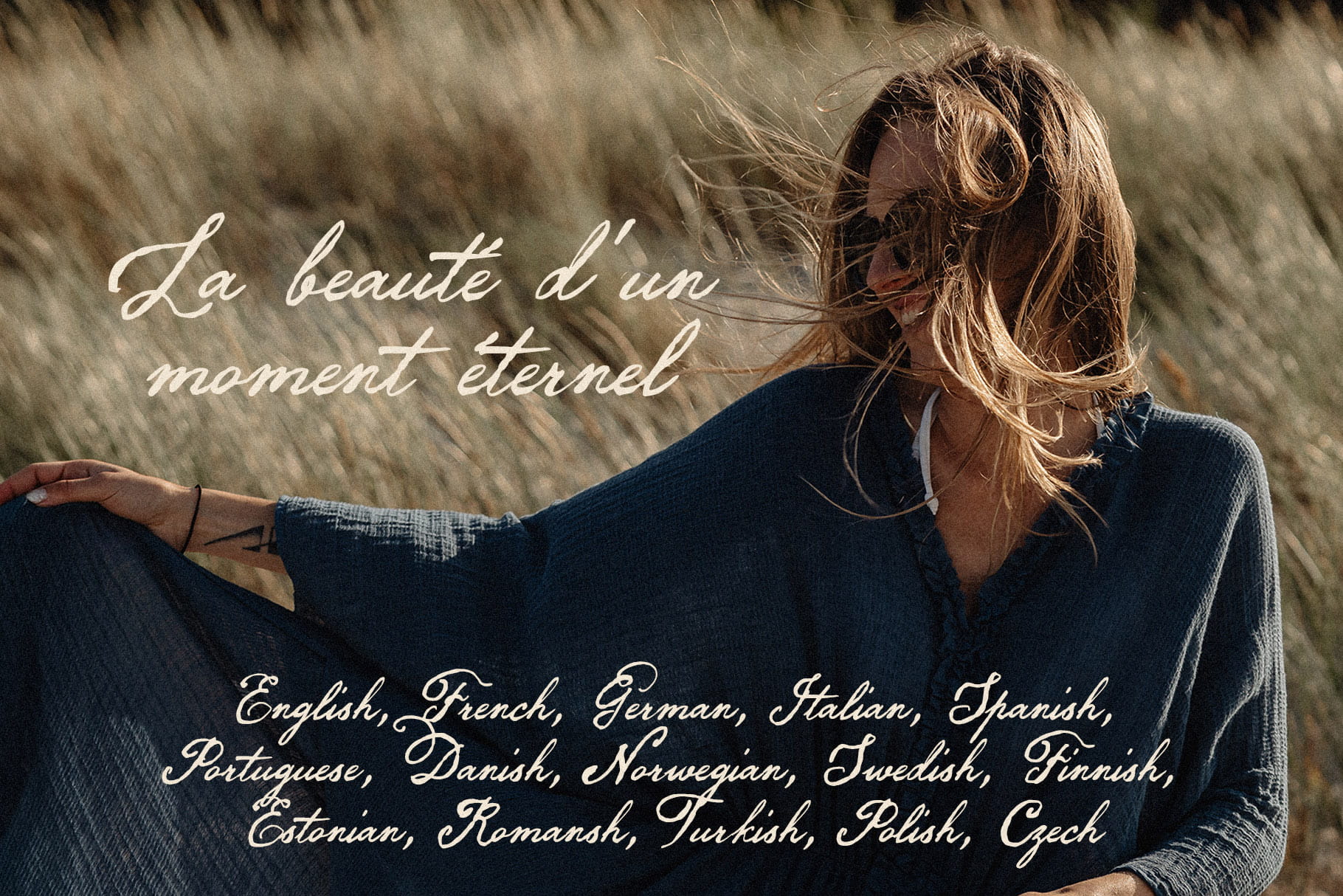 Darling Moment script font with French text and multilingual language list on a portrait photo