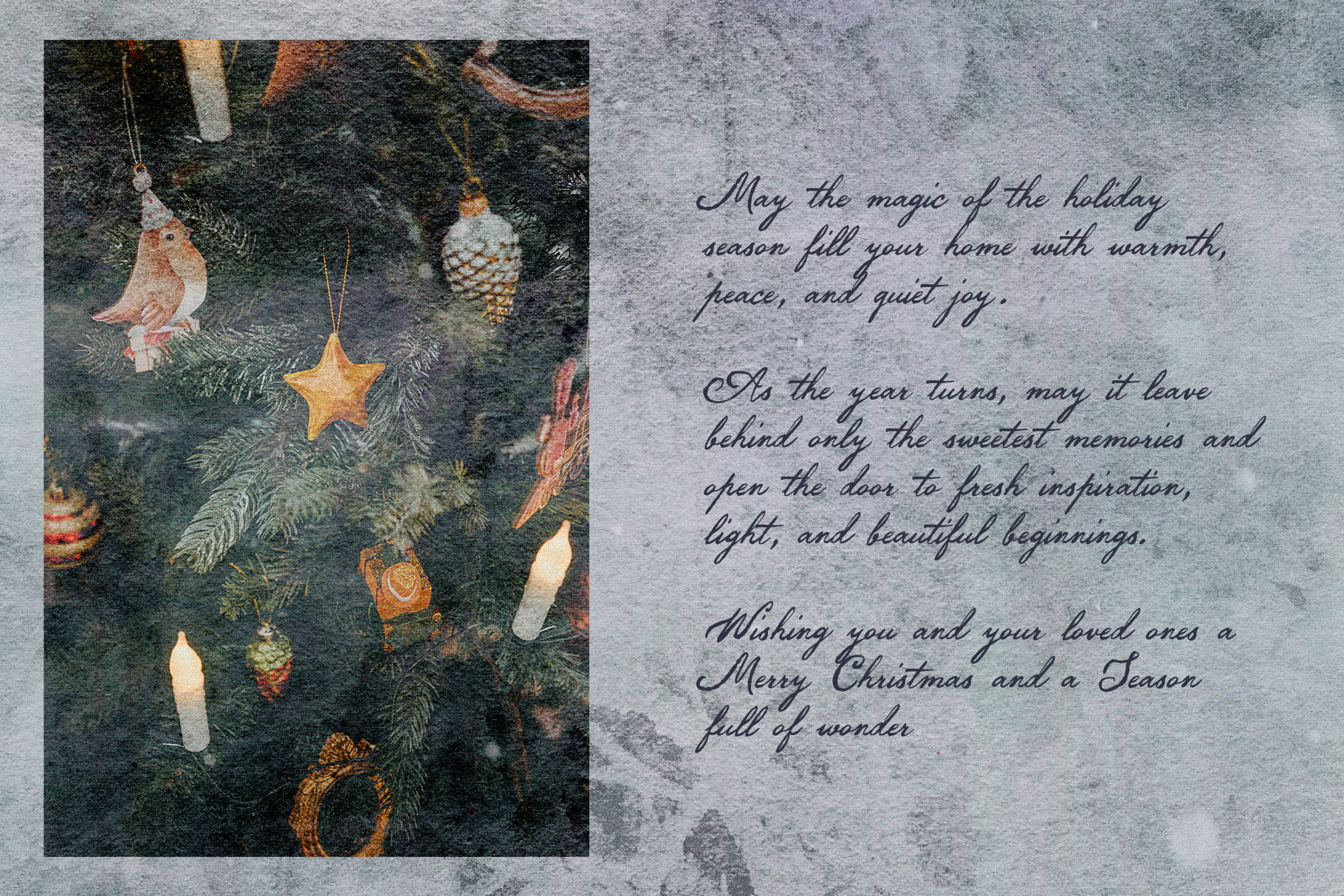 Darling Moment script font on a Christmas greeting card with tree ornaments photo
