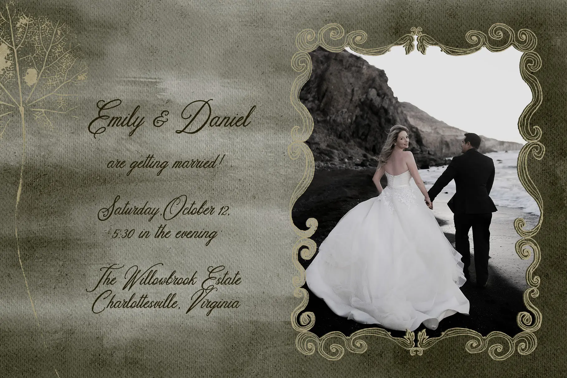 Wedding invitation template in green color with hand-drawn gold frame and beach wedding photo