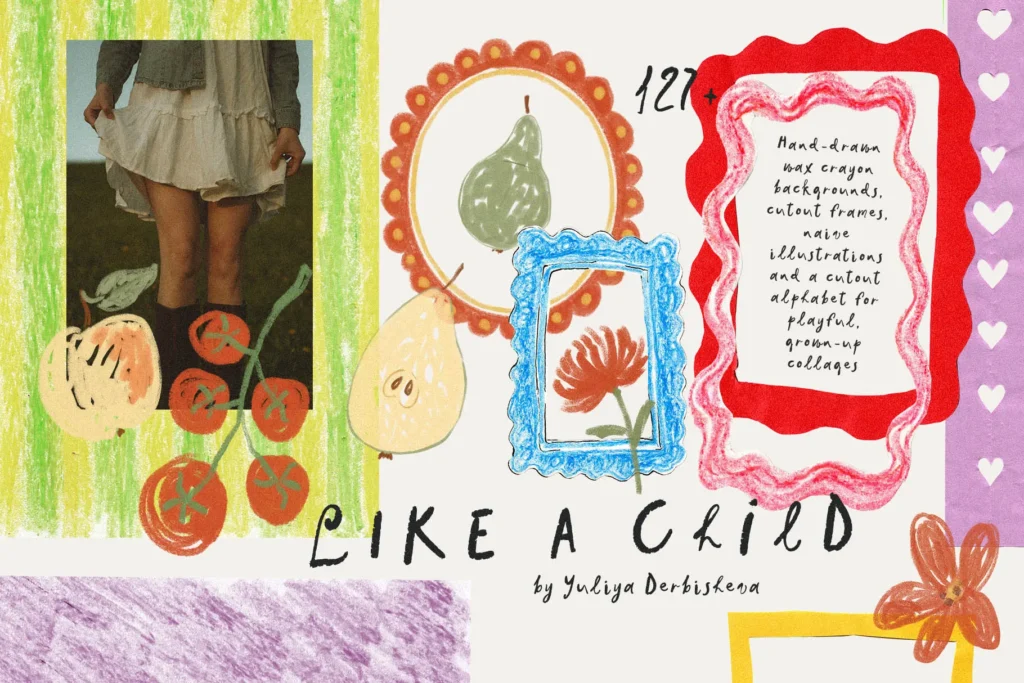 Like a Child crayon collage kit cover with crayon frames, naive fruit illustrations and cut paper