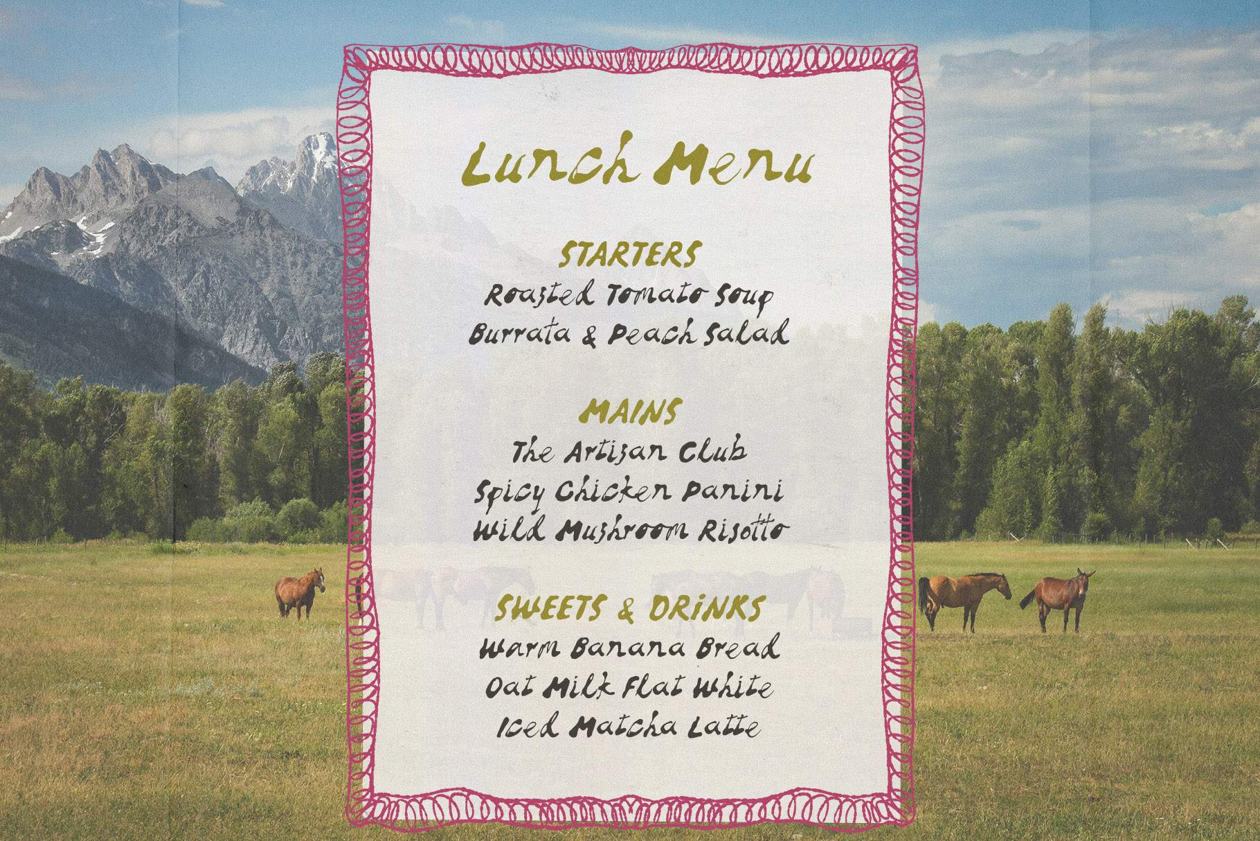 Reckless Bleed handwritten font used for a rustic lunch menu design with a mountain and horse pasture background
