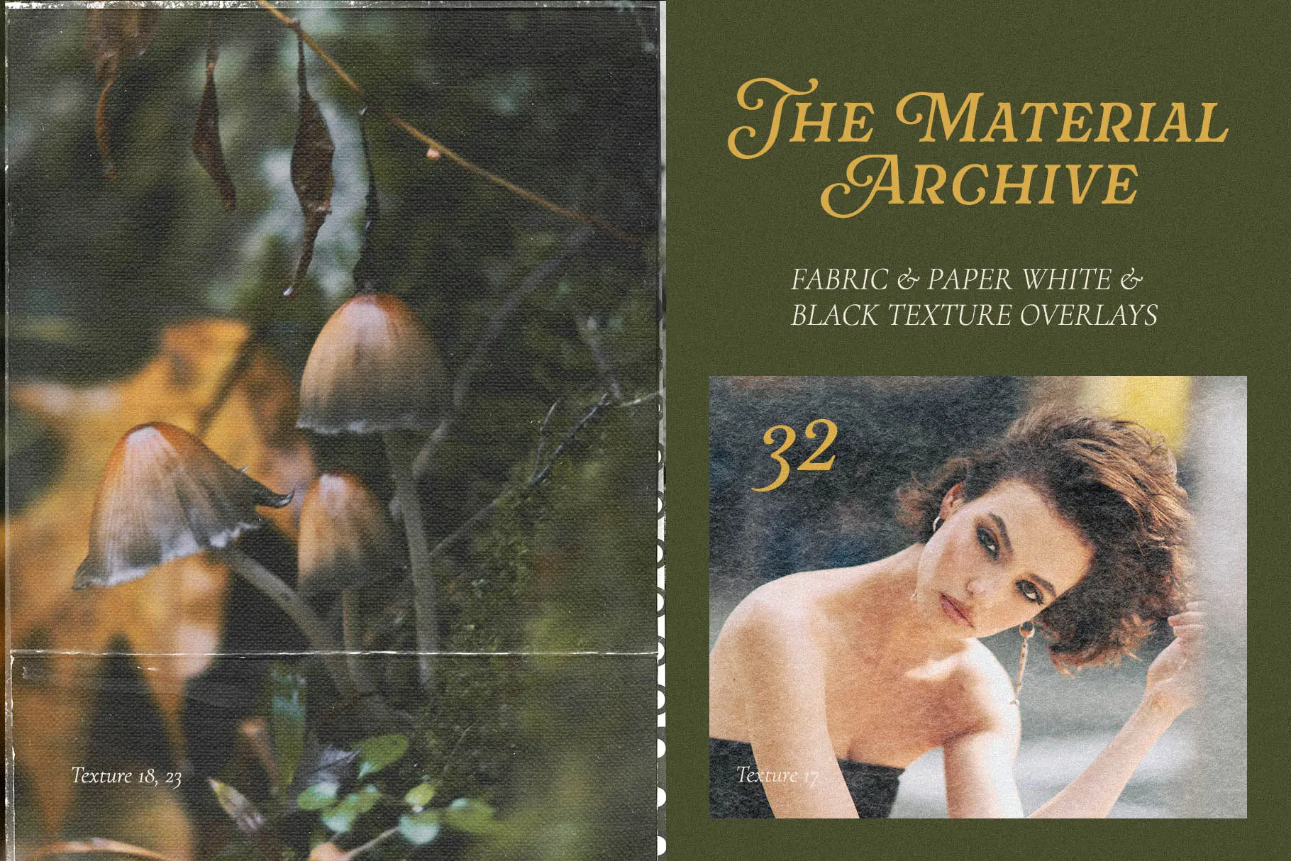 The Material Archive Vol.4 cover — fabric and paper white and black texture overlays applied on forest mushroom photo and portrait