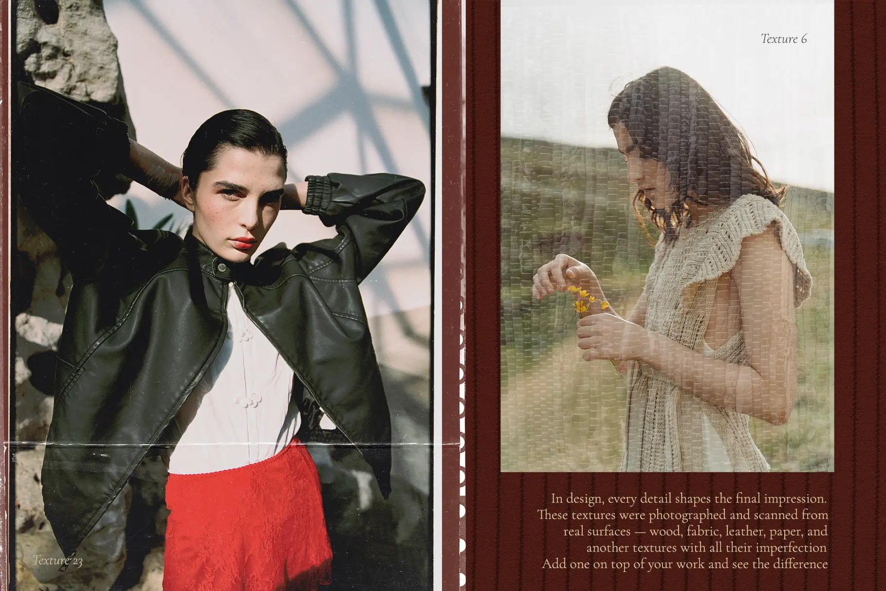 White paper texture overlay on leather jacket portrait and knitted fabric texture overlay on outdoor portrait in field