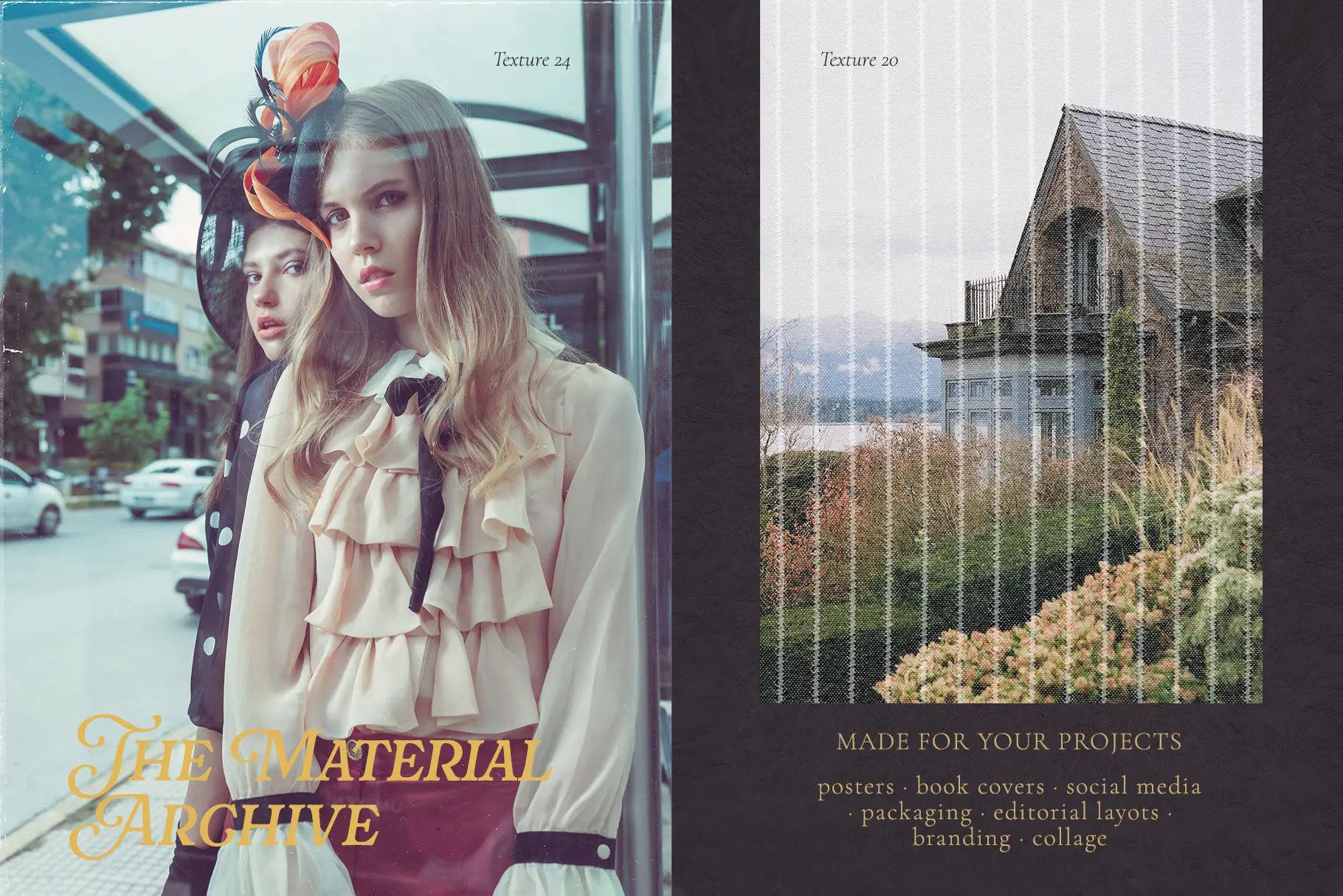 Striped fabric texture overlay on architecture photo and polka dot texture overlay on woman portrait — social media and editorial design