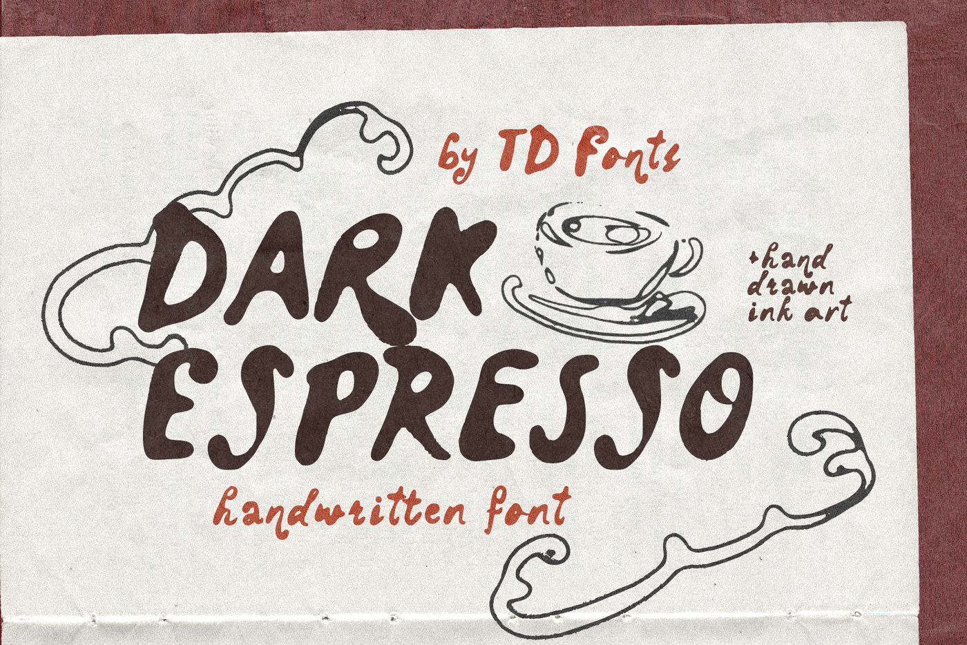 Dark Espresso Handwritten ink script font imperfect with hand drawn frames and ink illustrations