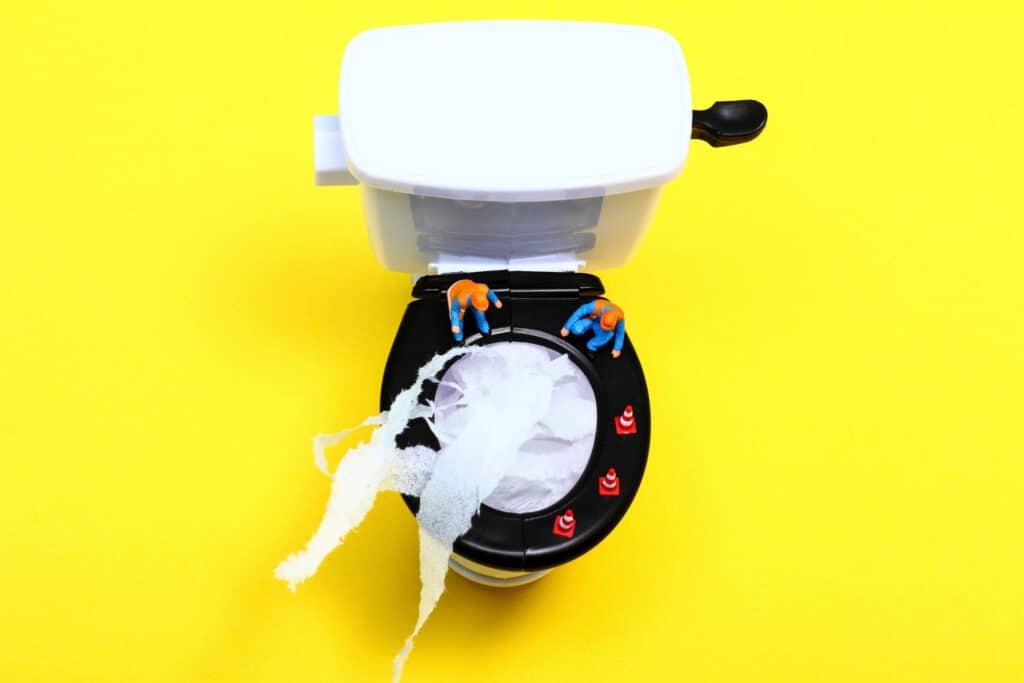 Toilet with toilet paper roll on a yellow background, plumbing repair service.