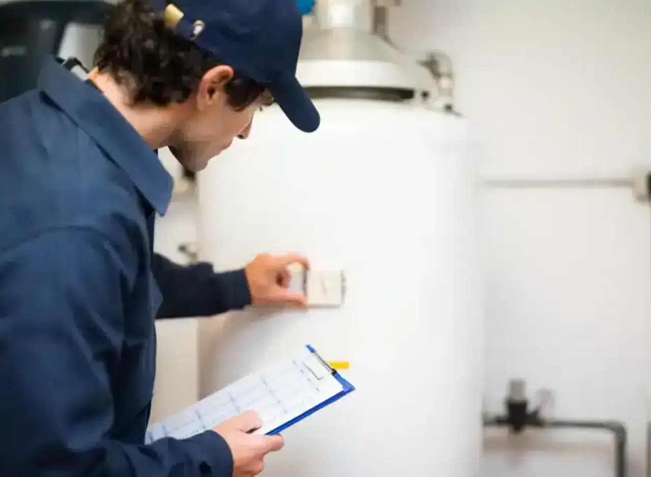 Plumber inspecting hot water tank controls during a plumbing service check.