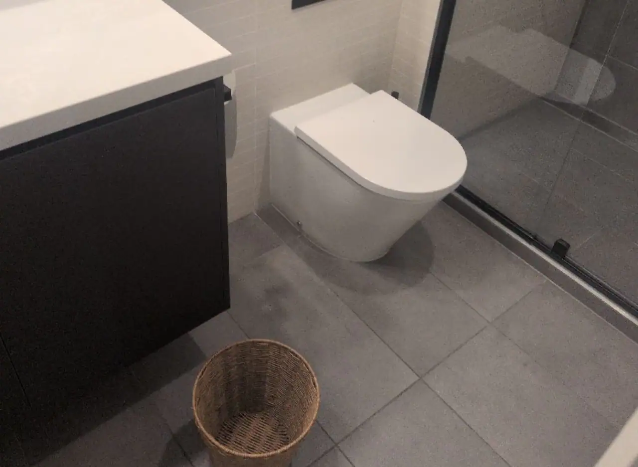 Bathroom wall-mounted toilet and shower area with modern fixtures.