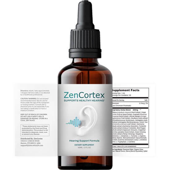Single bottle of ZenCortex liquid supplement with dropper for auditory support.