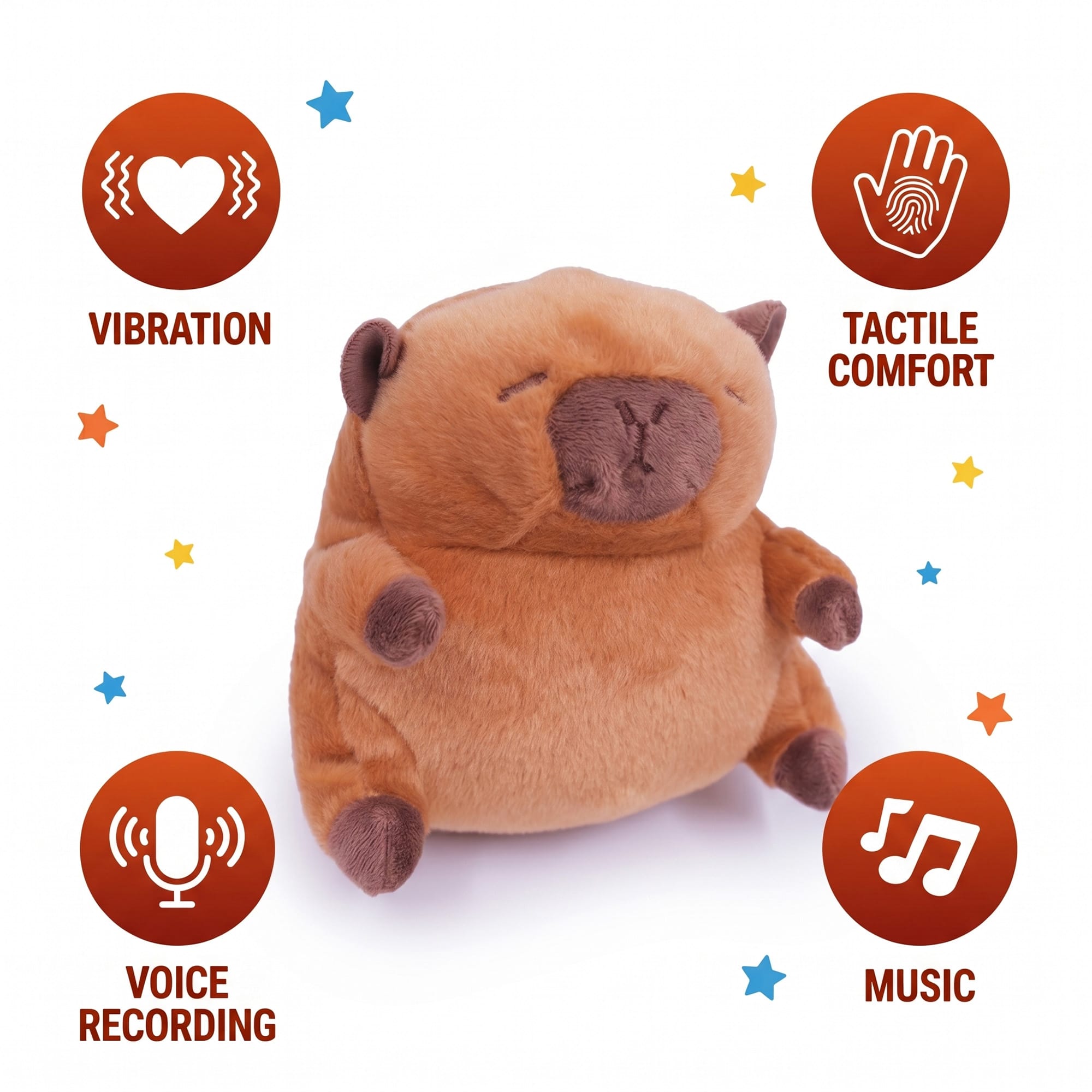Knuffelcapybara met vibratie, muziek en voice recording voor kinderen.