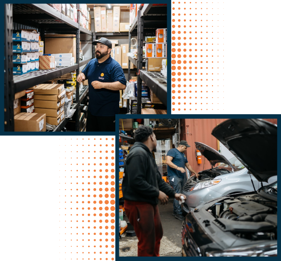 Auto parts warehouse with staff organizing parts and supplies.